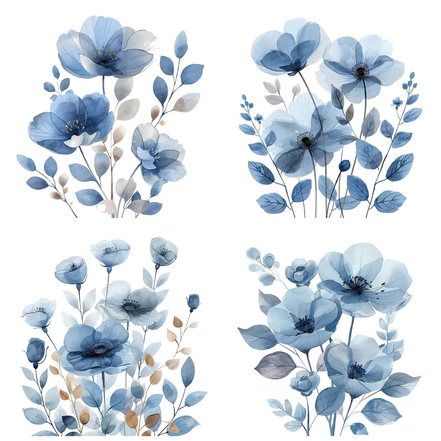 Abstract Flowers Light Greys and Blues Clipart Set (DDD004525)