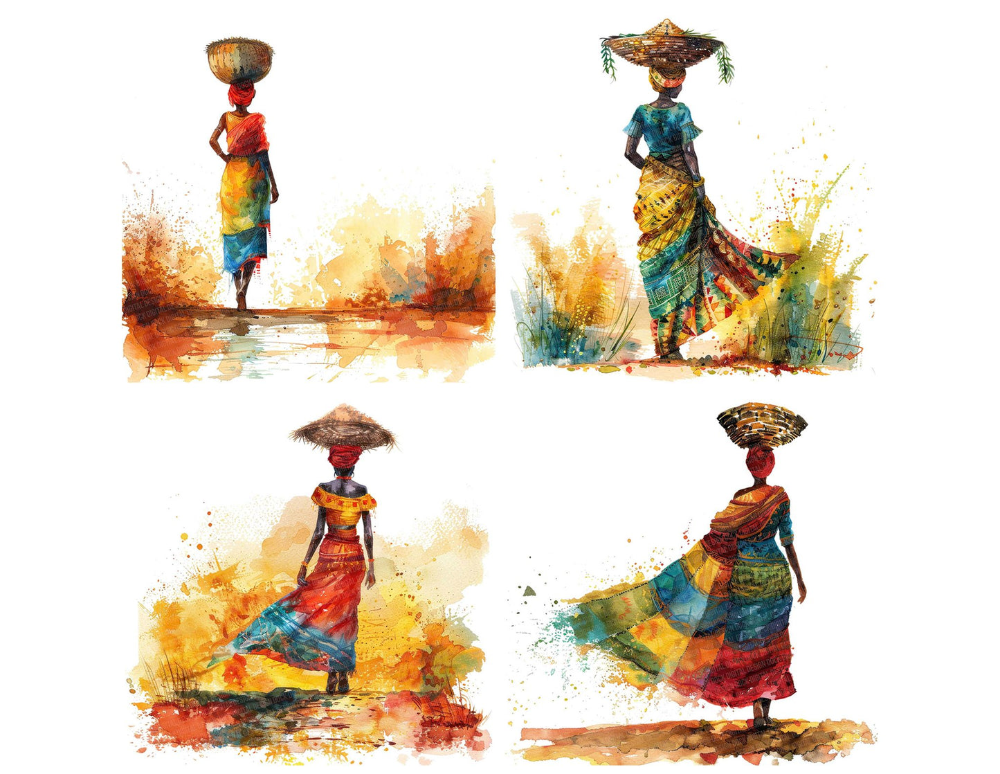 African Woman Carrying Basket Clipart Set (DDD004558)