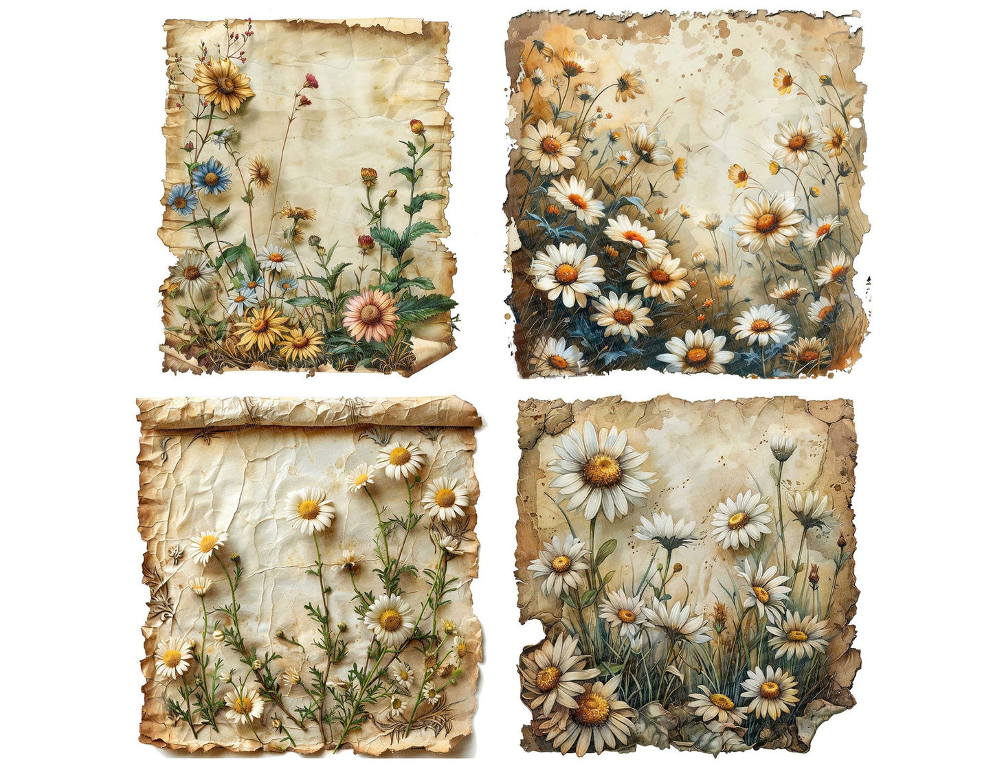 Aged Paper with Border of Daisies Clipart Set (DDD004560)