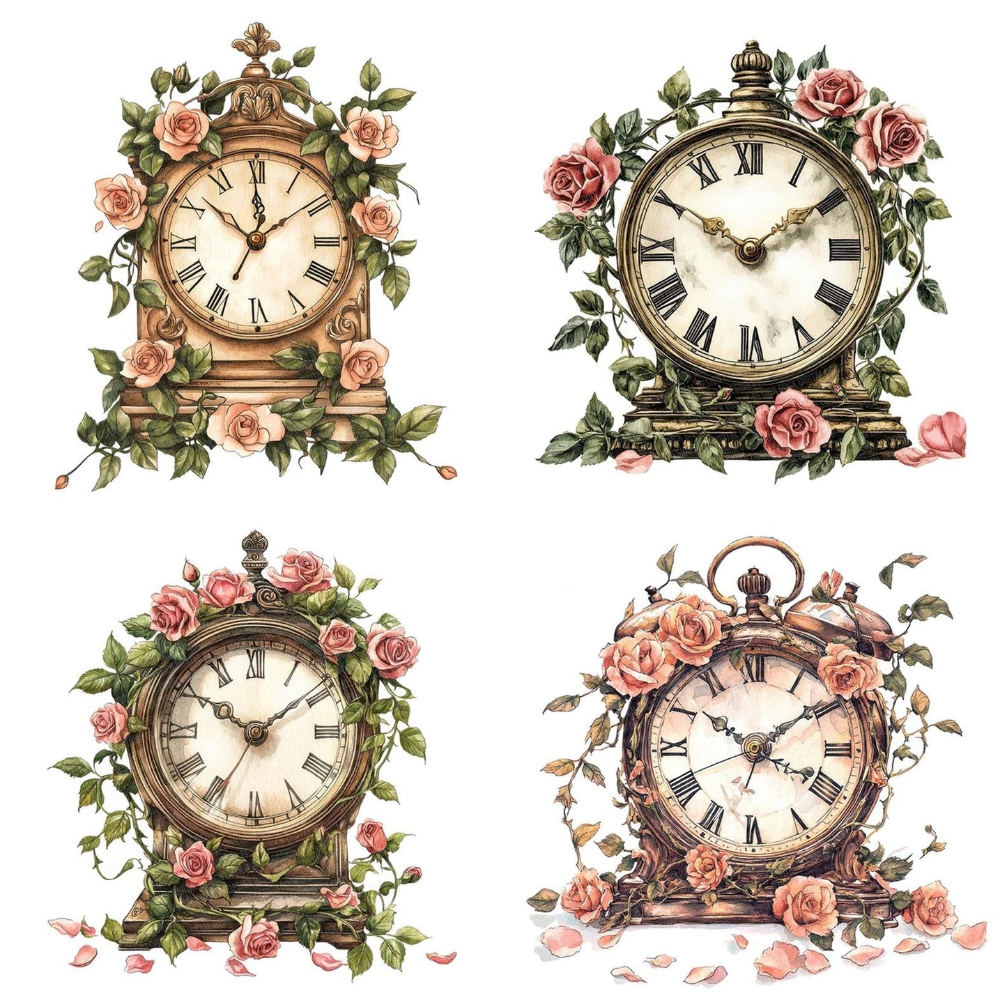 Antique Clock with Roses Clipart Set (DDD004581)