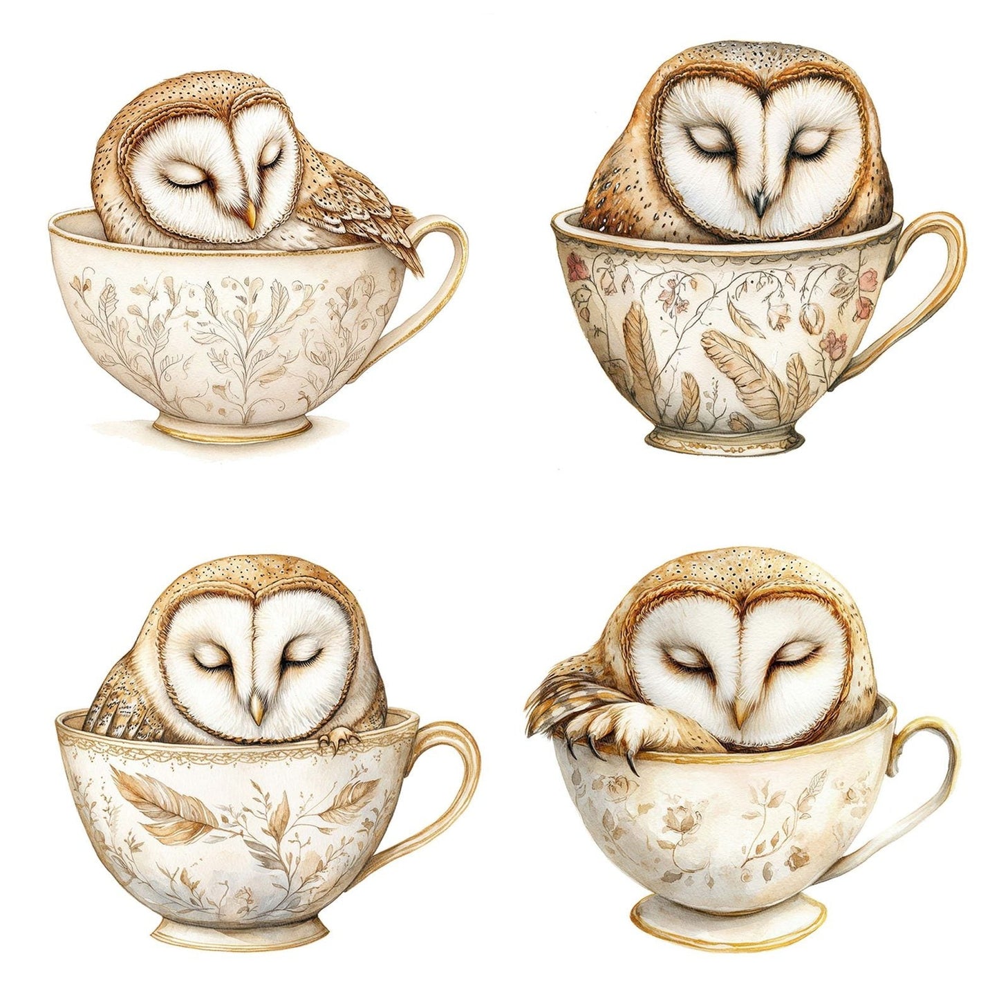 Barn Owl in Feather Teacup Clipart Set (DDD004649)