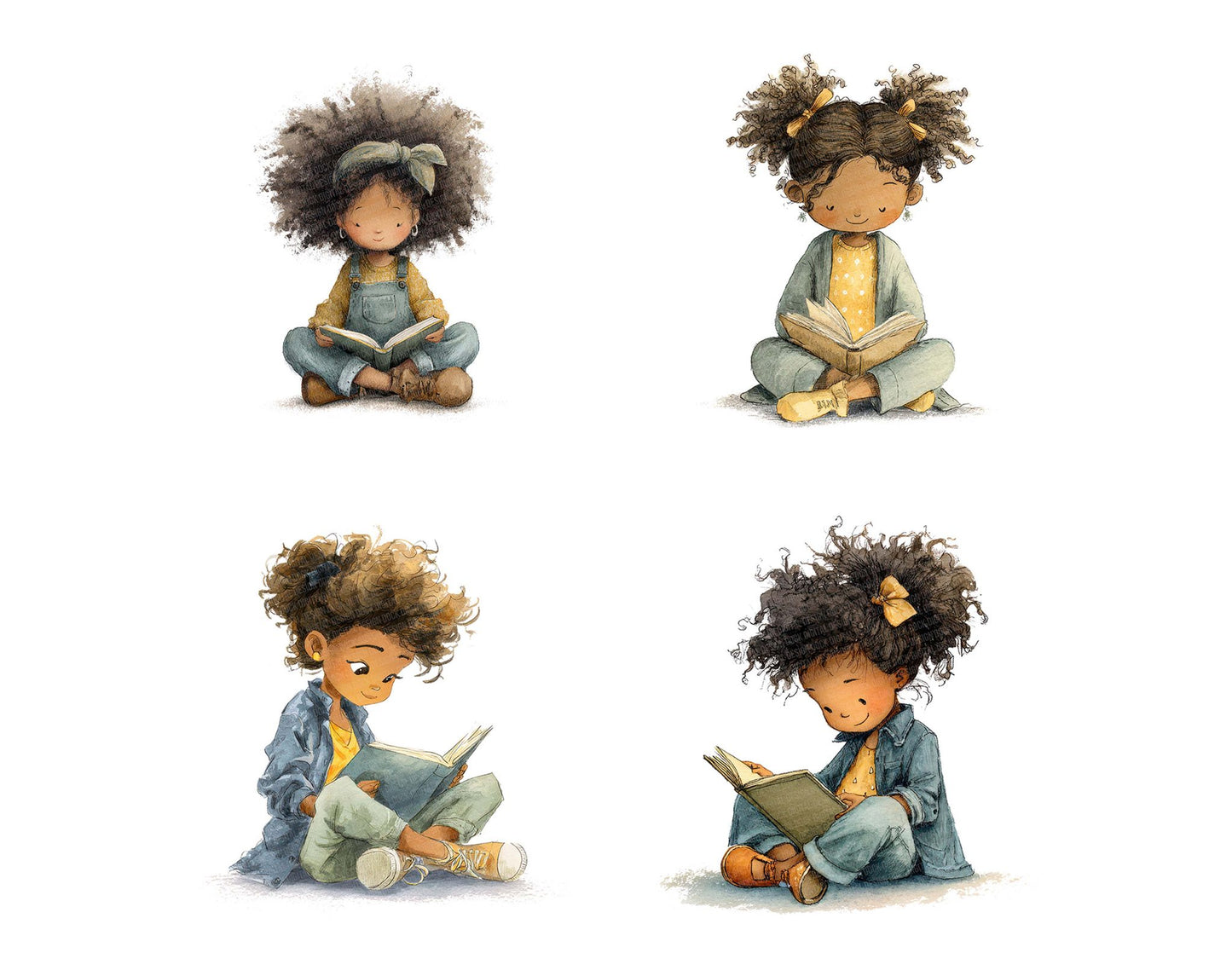 Black Girl Reading Book Clipart Set (DDD004695)