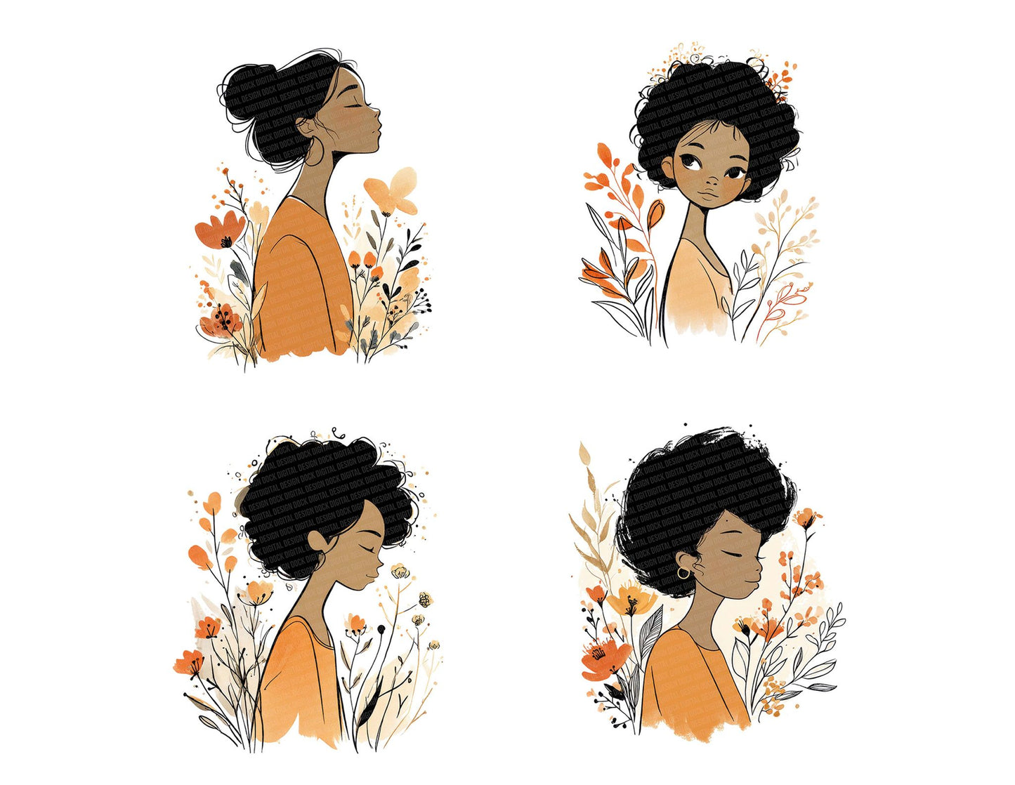 Black Woman Floral Line Art Clipart Set (DDD004702)