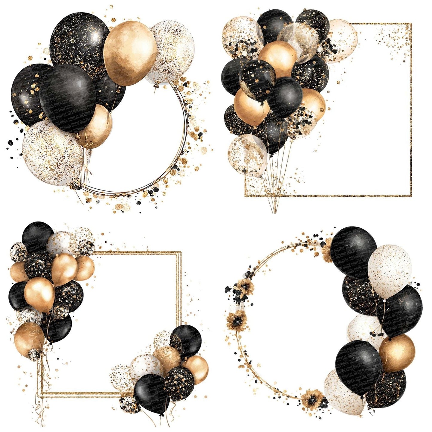 Black and Gold Balloon Border Clipart Set (DDD004685)