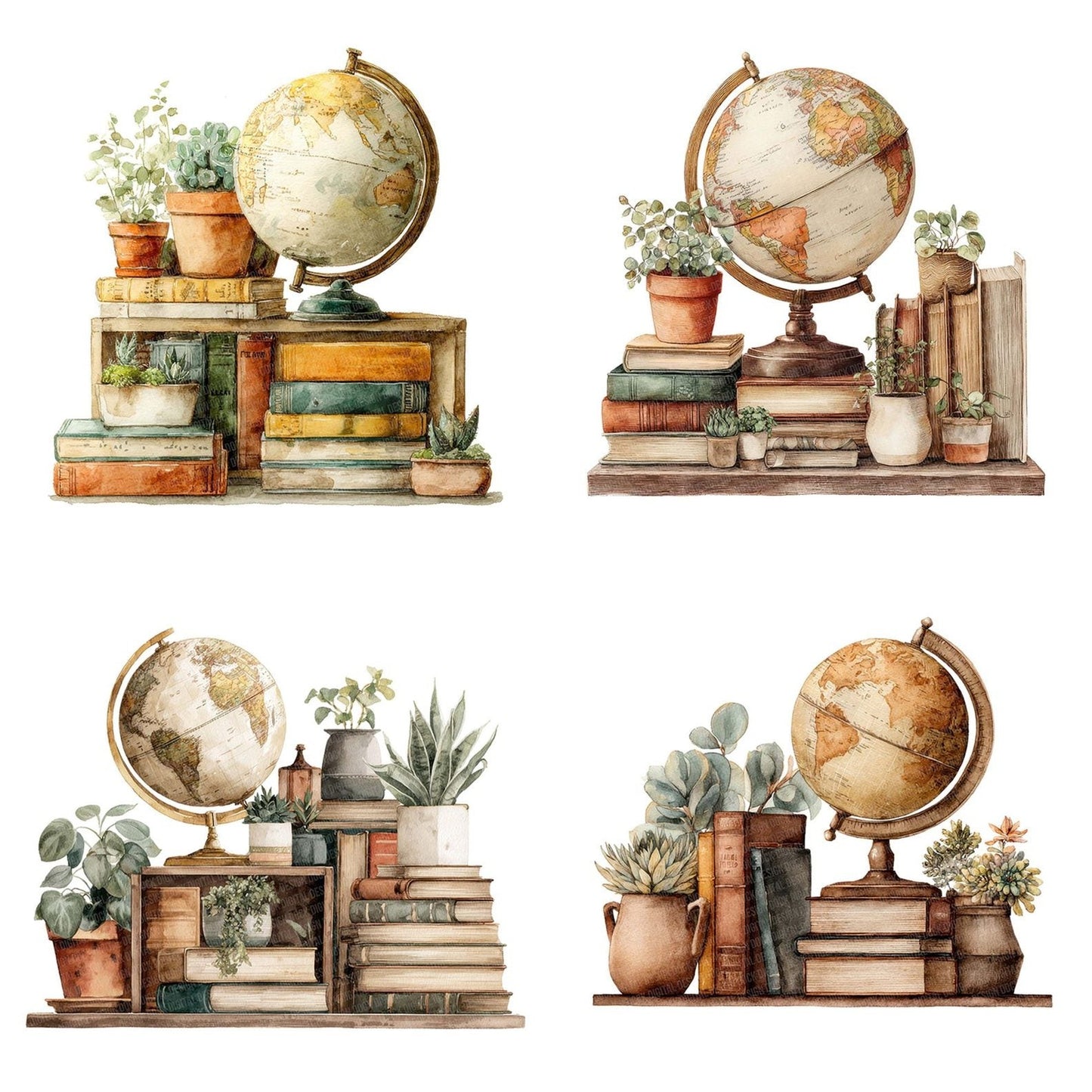 Bookshelf with Globe and Plants Clipart Set (DDD004758)