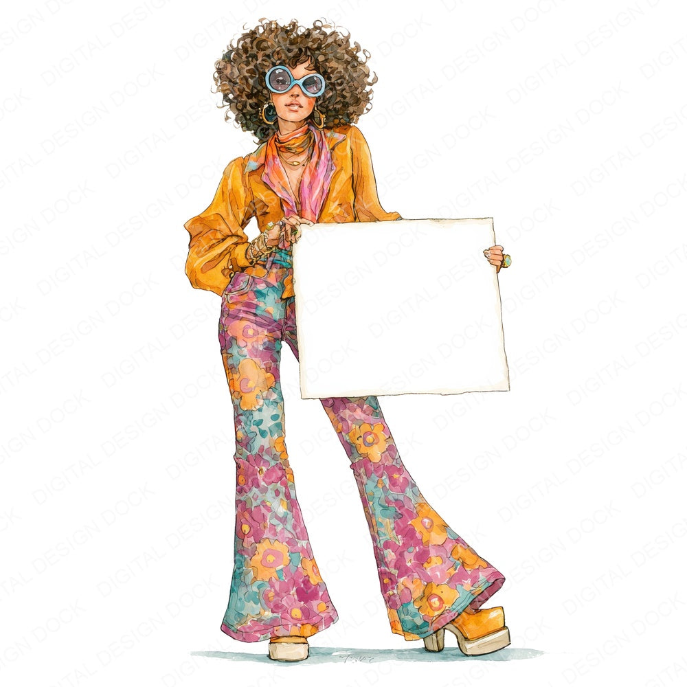 70s Disco Woman with Banner Clipart Set (DDD004489)