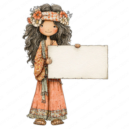 70s Hippie Woman with Banner fussy cut sheet in US Letter format showing all 12 designs on one printable page
