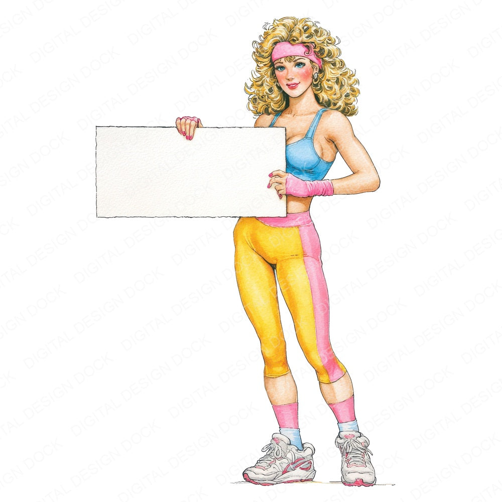 80s Workout Woman with Banner fussy cut sheet in US Letter format showing all 12 designs on one printable page