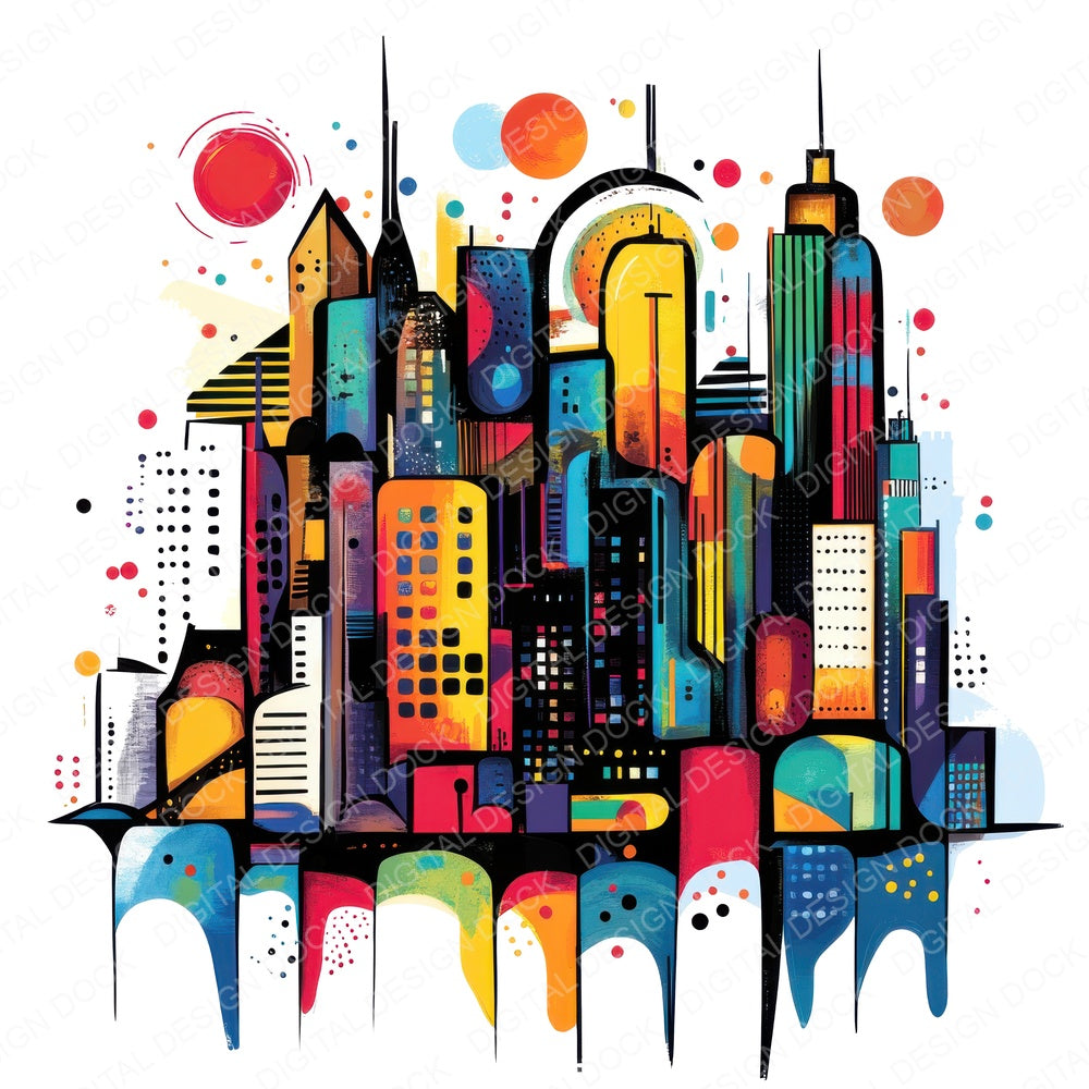 Abstract Cityscape fussy cut sheet in US Letter format showing all 12 designs on one printable page