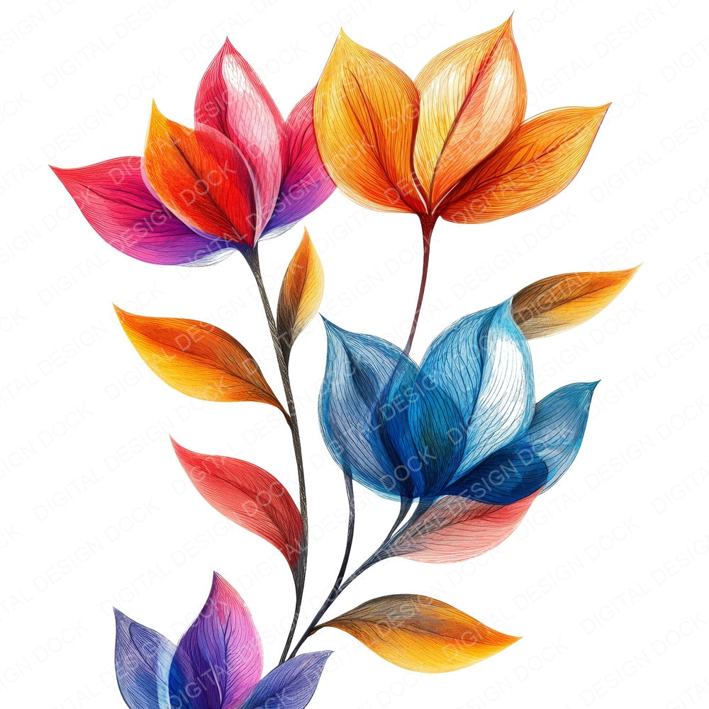 Abstract Colorful Flowers fussy cut sheet in US Letter format showing all 12 designs on one printable page