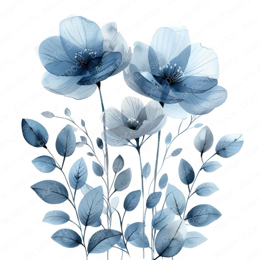 Abstract Flowers Light Greys and Blues fussy cut sheet in US Letter format showing all 12 designs on one printable page