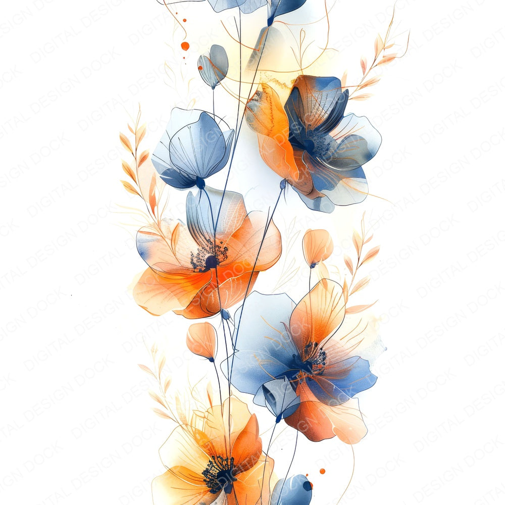Abstract Flowers in Orange and Blue fussy cut sheet in US Letter format showing all 12 designs on one printable page