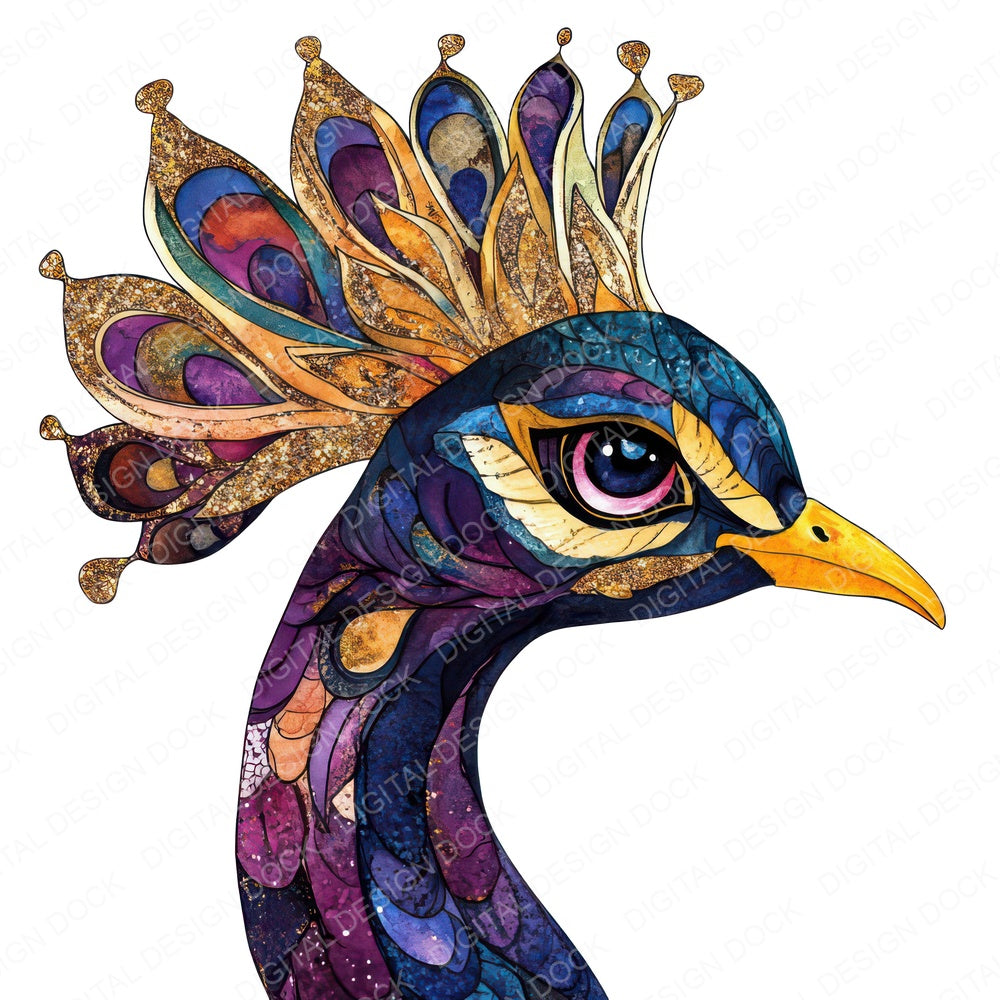 Abstract Gold Peacock Head fussy cut sheet in US Letter format showing all 12 designs on one printable page