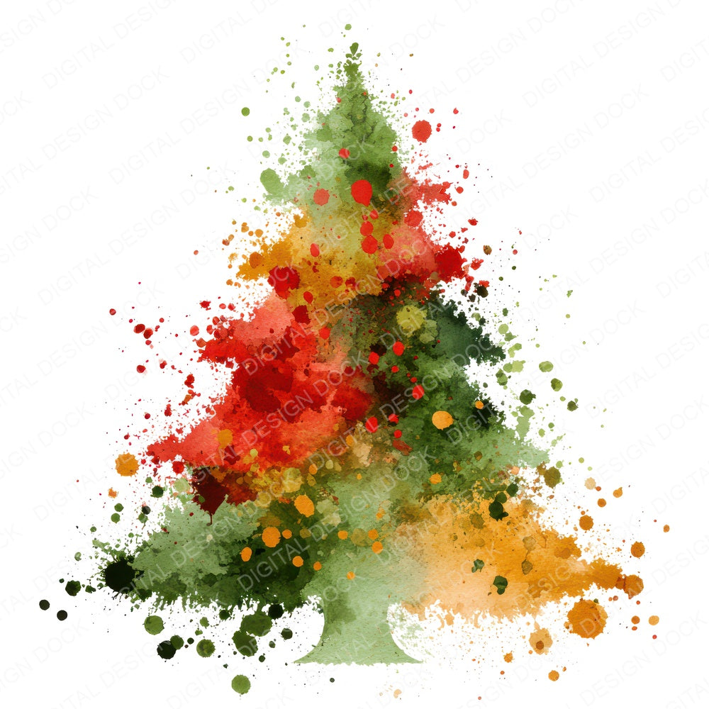 Abstract Paint Splash Christmas Tree fussy cut sheet in US Letter format showing all 12 designs on one printable page