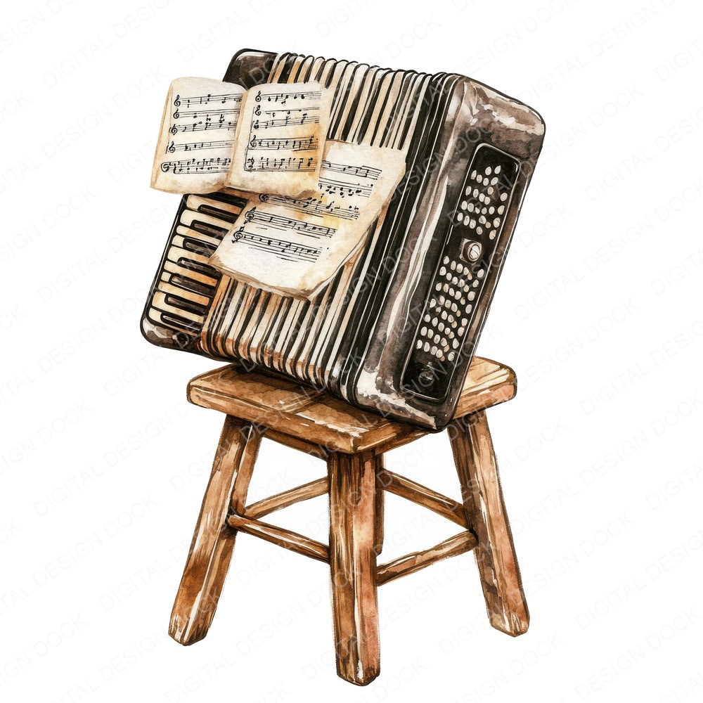 Accordion on Stool fussy cut sheet in US Letter format showing all 12 designs on one printable page
