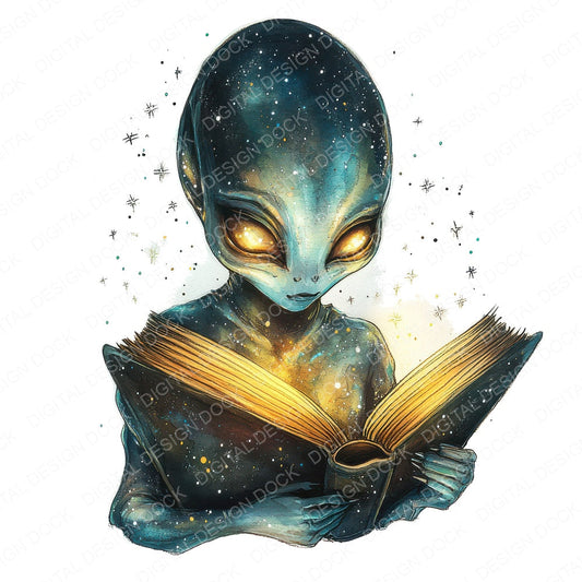 Alien Reading Under Stars fussy cut sheet in US Letter format showing all 12 designs on one printable page