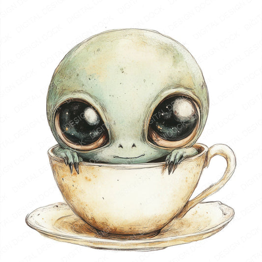 Alien in Teacup fussy cut sheet in US Letter format showing all 12 designs on one printable page