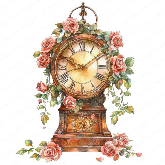 Antique Clock with Roses fussy cut sheet in US Letter format showing all 12 designs on one printable page