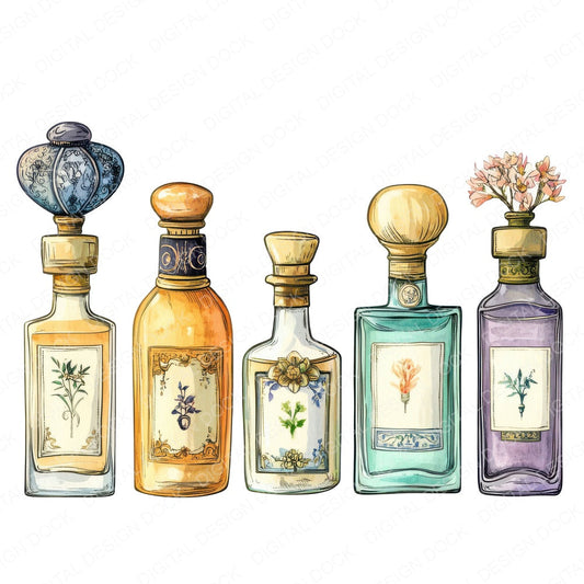 Antique Perfume Bottles fussy cut sheet in US Letter format showing all 12 designs on one printable page