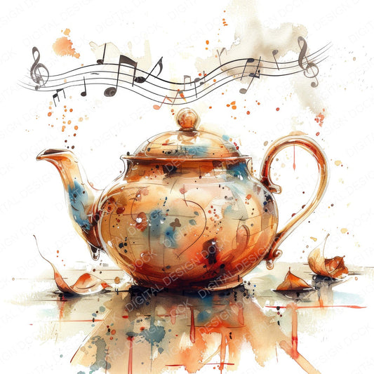 Antique Teapot with Music Notes fussy cut sheet in US Letter format showing all 12 designs on one printable page