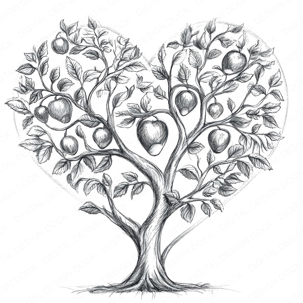 Apple Tree Love Heart Sketch fussy cut sheet in US Letter format showing all 12 designs on one printable page