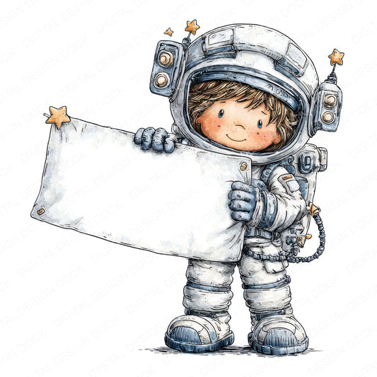 Astronaut Boy with Banner fussy cut sheet in US Letter format showing all 12 designs on one printable page