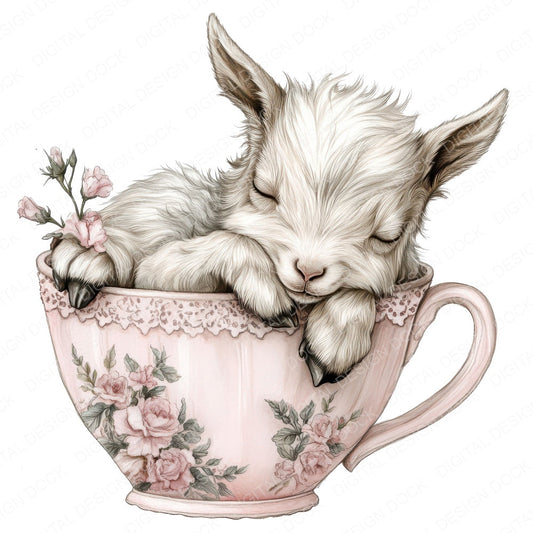 Baby Goat in Rose Teacup fussy cut sheet in US Letter format showing all 12 designs on one printable page