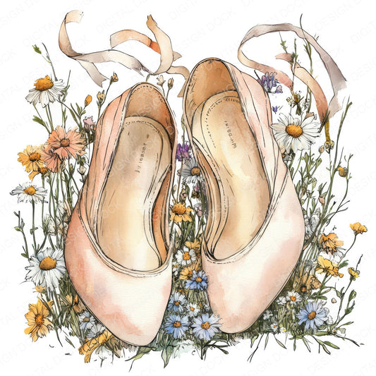 Ballet Shoes in Wildflowers fussy cut sheet in US Letter format showing all 12 designs on one printable page