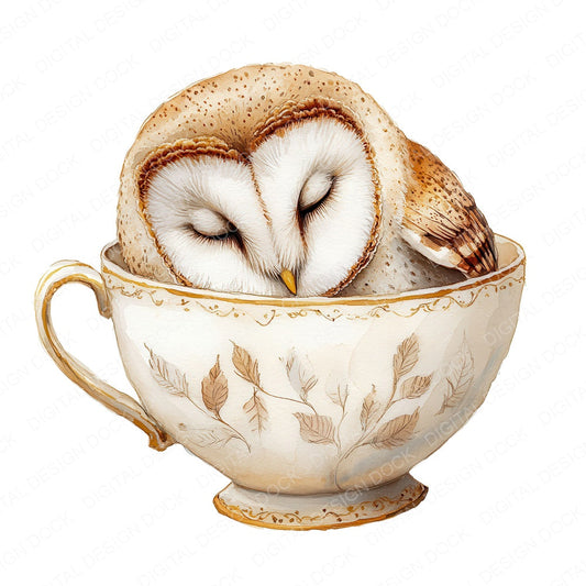 Barn Owl in Feather Teacup fussy cut sheet in US Letter format showing all 12 designs on one printable page
