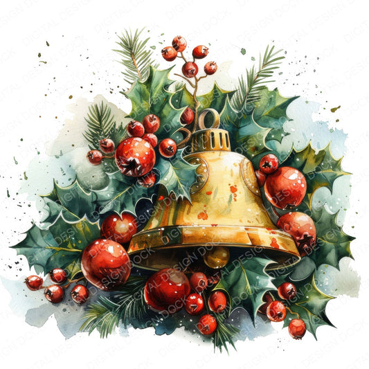 Bell with Holly and Berries fussy cut sheet in US Letter format showing all 12 designs on one printable page