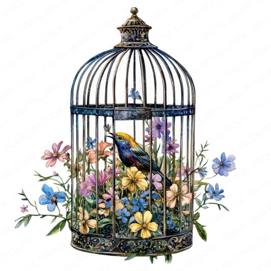 Birdcage with Growing Wildflowers fussy cut sheet in US Letter format showing all 12 designs on one printable page