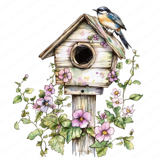 Birdhouse with Climbing Flowers fussy cut sheet in US Letter format showing all 12 designs on one printable page