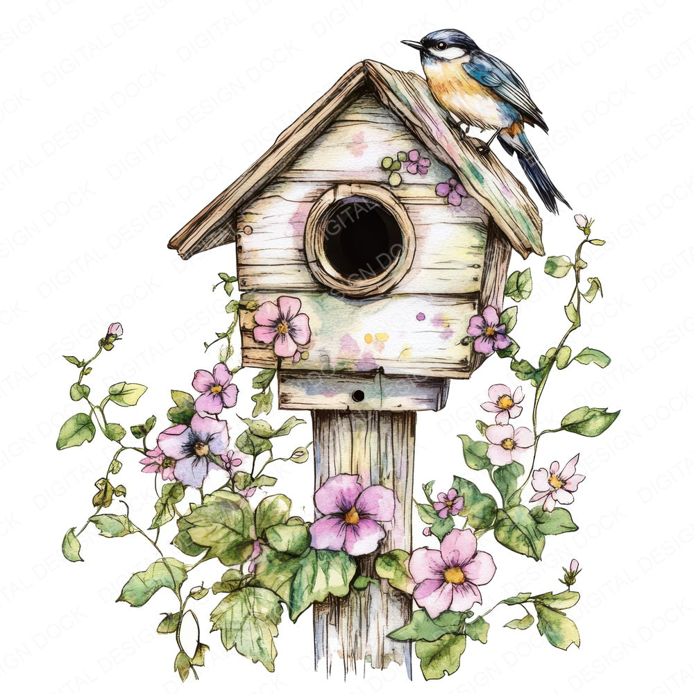 Birdhouse with Climbing Flowers fussy cut sheet in US Letter format showing all 12 designs on one printable page