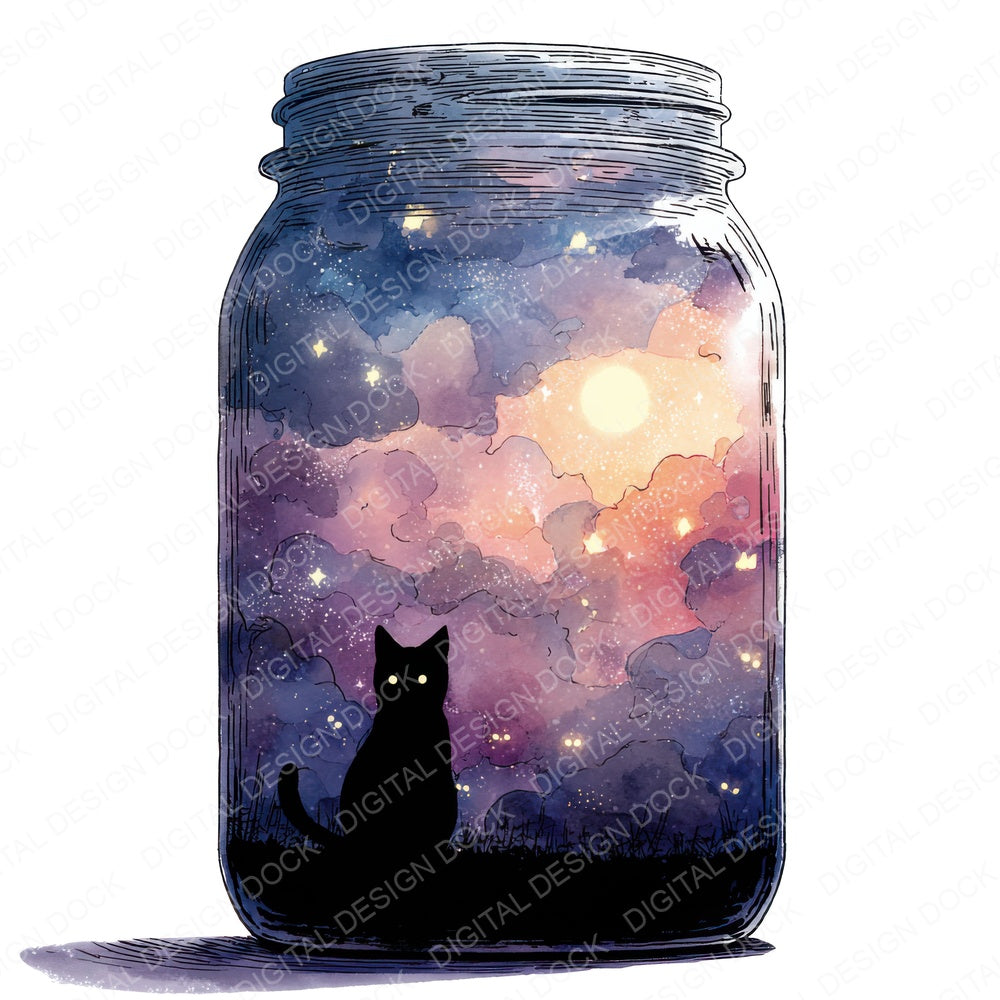 Black Cat Halloween Jar fussy cut sheet in US Letter format showing all 12 designs on one printable page