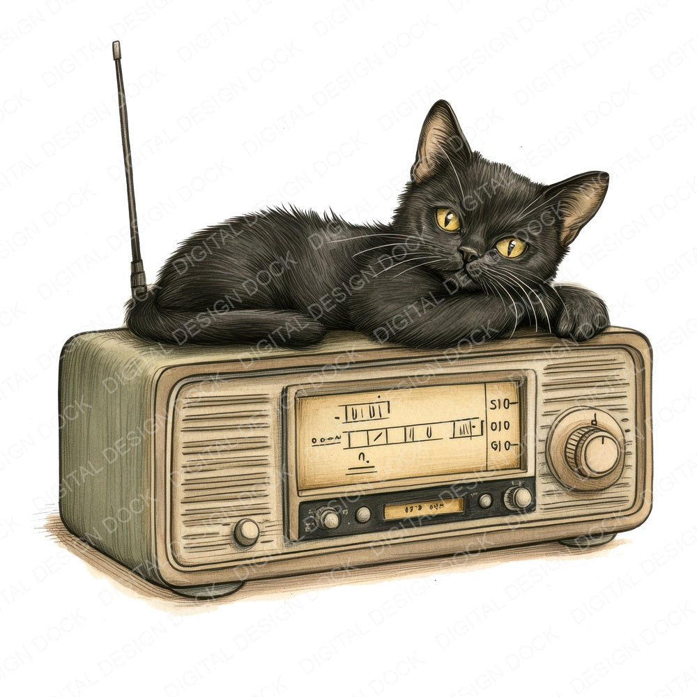 Black Cat on Vintage Radio fussy cut sheet in US Letter format showing all 12 designs on one printable page