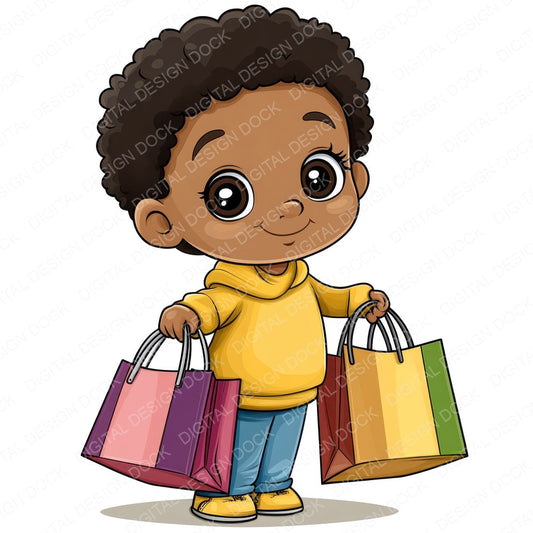 Black Child Shopping fussy cut sheet in US Letter format showing all 12 designs on one printable page