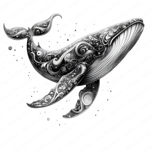 Black Cosmic Whale fussy cut sheet in US Letter format showing all 12 designs on one printable page