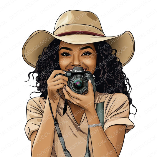 Black Female Photographer fussy cut sheet in US Letter format showing all 12 designs on one printable page