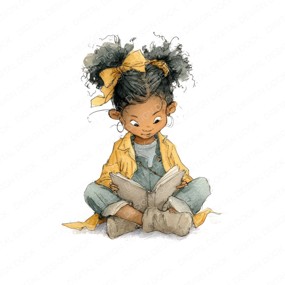 Black Girl Reading Book fussy cut sheet in US Letter format showing all 12 designs on one printable page