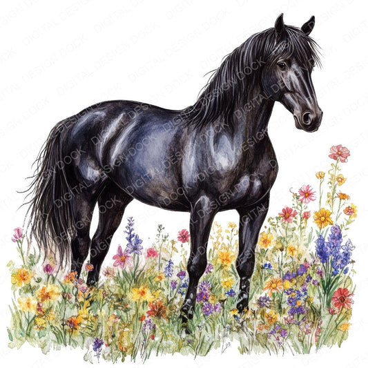 Black Horse in Meadow fussy cut sheet in US Letter format showing all 12 designs on one printable page