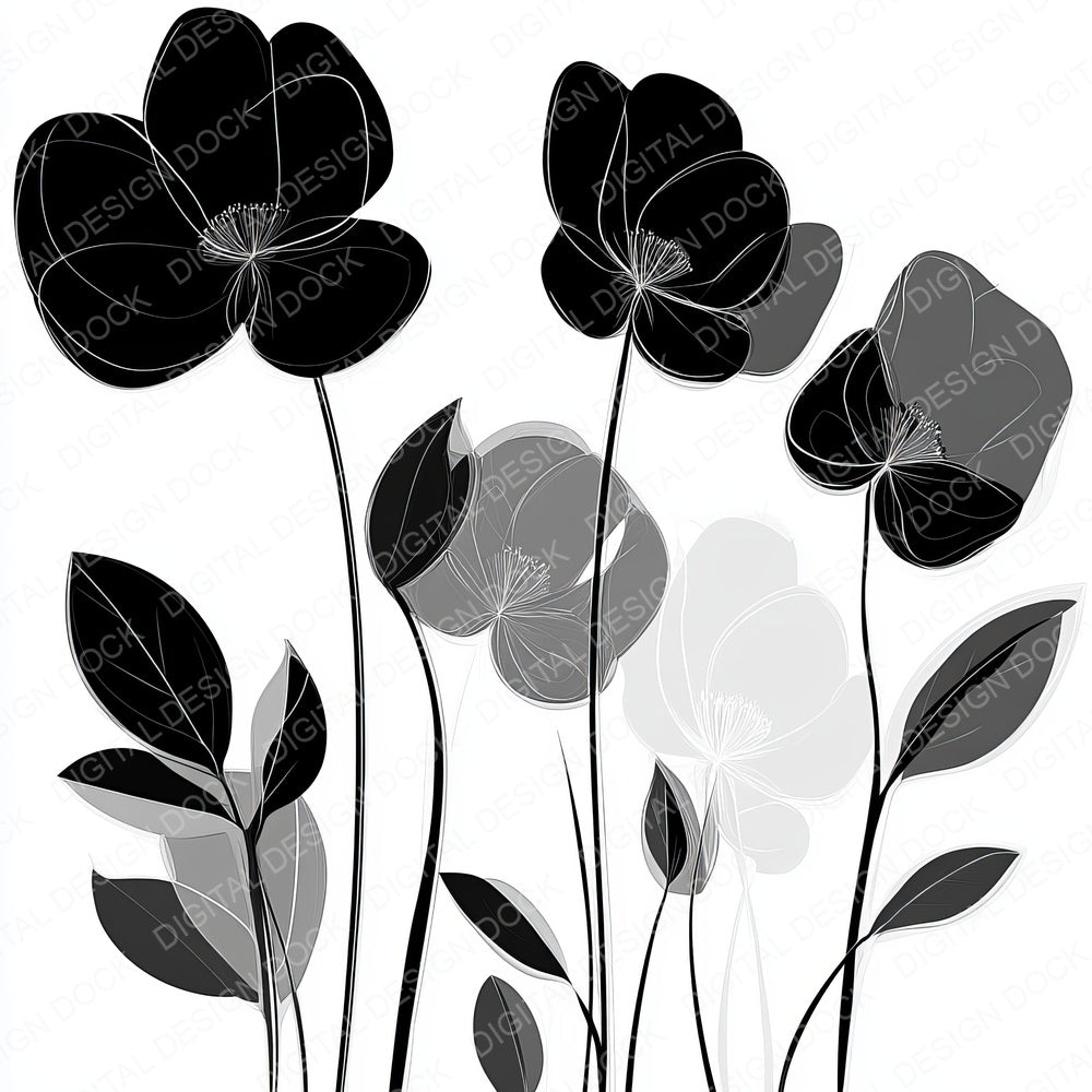 Black Silver Abstract Flowers fussy cut sheet in US Letter format showing all 12 designs on one printable page