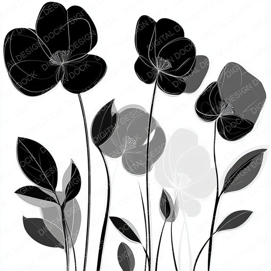 Black Silver Abstract Flowers fussy cut sheet in US Letter format showing all 12 designs on one printable page
