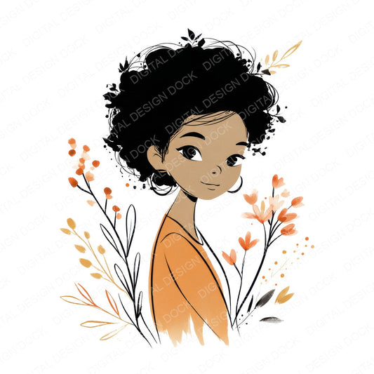 Black Woman Floral Line Art fussy cut sheet in US Letter format showing all 12 designs on one printable page