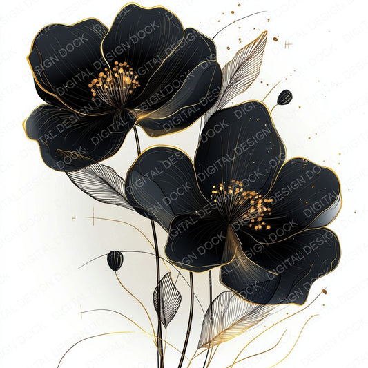 Black and Gold Abstract Flowers fussy cut sheet in US Letter format showing all 12 designs on one printable page