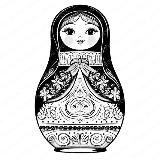 Black and White Matryoshka Doll fussy cut sheet in US Letter format showing all 12 designs on one printable page
