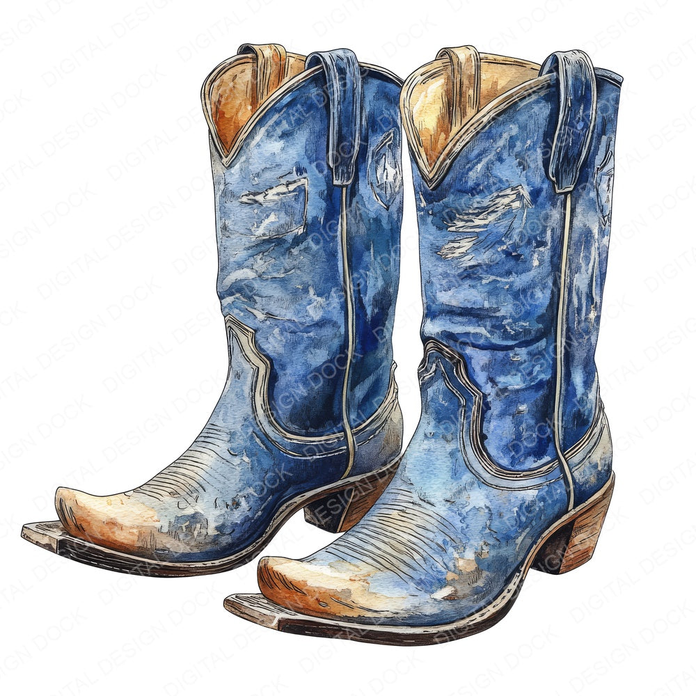 Blue Denim Cowboy Boots fussy cut sheet in US Letter format showing all 12 designs on one printable page