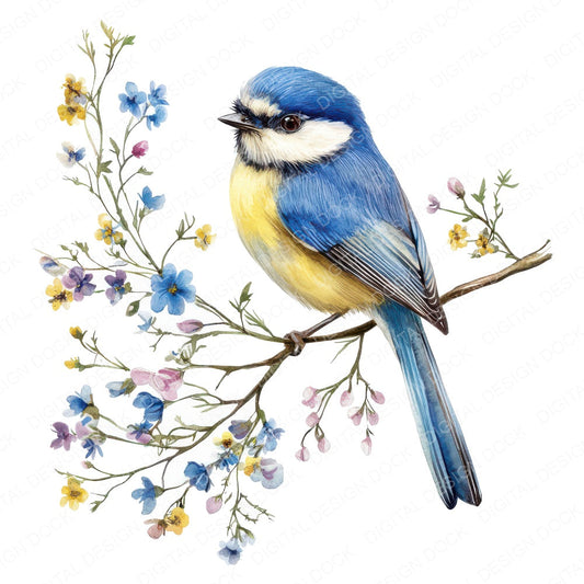 Blue Tit on a Branch fussy cut sheet in US Letter format showing all 12 designs on one printable page