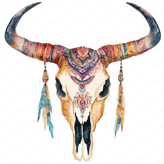 Boho Cow Skull fussy cut sheet in US Letter format showing all 12 designs on one printable page