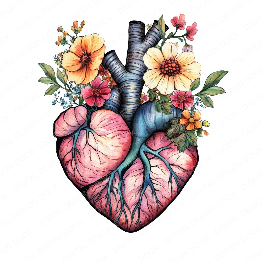 Boho Floral Human Heart fussy cut sheet in US Letter format showing all 12 designs on one printable page