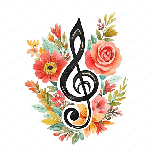 Boho Floral Music Clef fussy cut sheet in US Letter format showing all 12 designs on one printable page